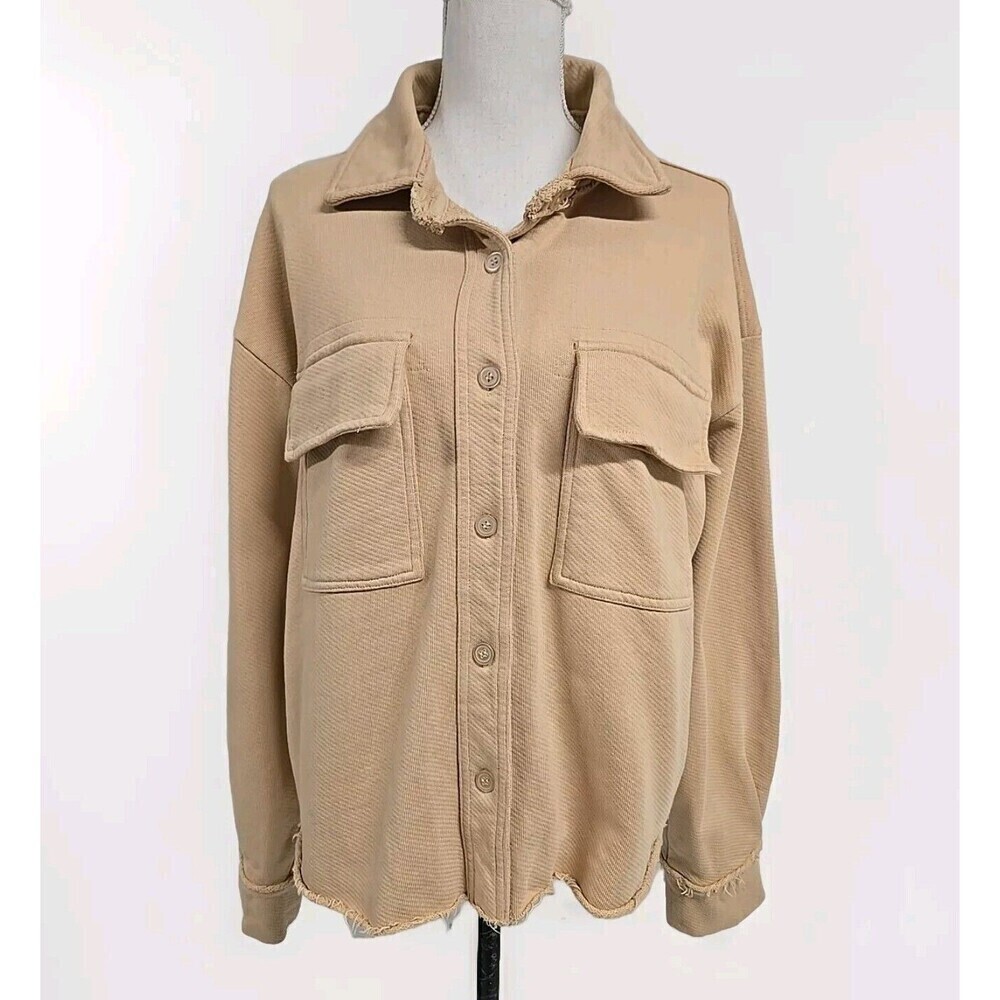Emory Park Button Front Jacket Oversized Raw‎ Hem Tan Women’s Size S NWOT